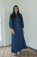 Karlie Denim Puff Sleeve Maxi Dress with Belt