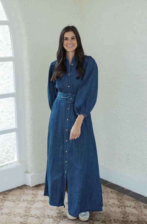 Karlie Denim Puff Sleeve Maxi Dress with Belt