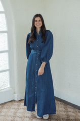 Karlie Denim Puff Sleeve Maxi Dress with Belt