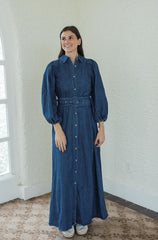 Karlie Denim Puff Sleeve Maxi Dress with Belt