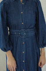 Karlie Denim Puff Sleeve Maxi Dress with Belt
