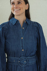 Karlie Denim Puff Sleeve Maxi Dress with Belt
