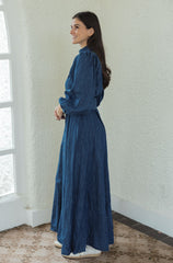Karlie Denim Puff Sleeve Maxi Dress with Belt