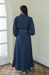 Karlie Denim Puff Sleeve Maxi Dress with Belt