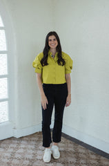 Karlie Solid Poplin Puff Sleeve Top in Citron