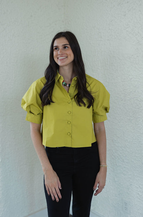 Karlie Solid Poplin Puff Sleeve Top in Citron