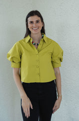 Karlie Solid Poplin Puff Sleeve Top in Citron