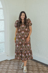 Entro Brown Floral Eyelet Midi Dress