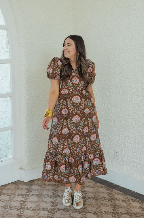 Entro Brown Floral Eyelet Midi Dress