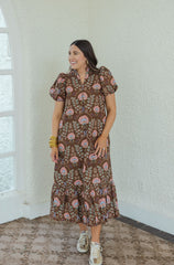 Entro Brown Floral Eyelet Midi Dress