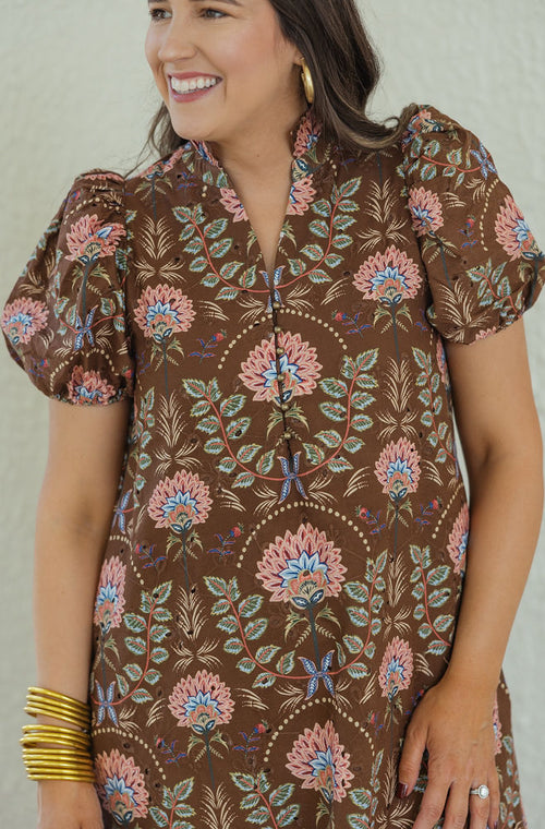 Entro Brown Floral Eyelet Midi Dress