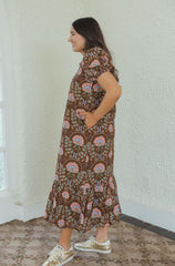 Entro Brown Floral Eyelet Midi Dress