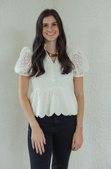 Entro Cream Eyelet Puff Sleeve Top
