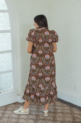 Entro Brown Floral Eyelet Midi Dress
