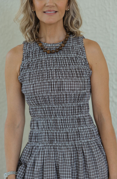 Karlie Brown Check Smocked Sleeveless Dress