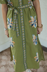 THML Floral Midi Tie Dress in Chartreuse