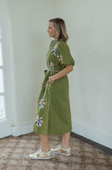 THML Floral Midi Tie Dress in Chartreuse