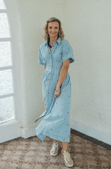 Karlie Denim Floral Embroidered Maxi Dress