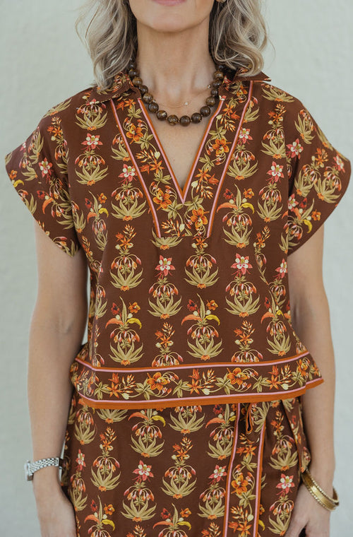 Entro Brown Floral Collar Top