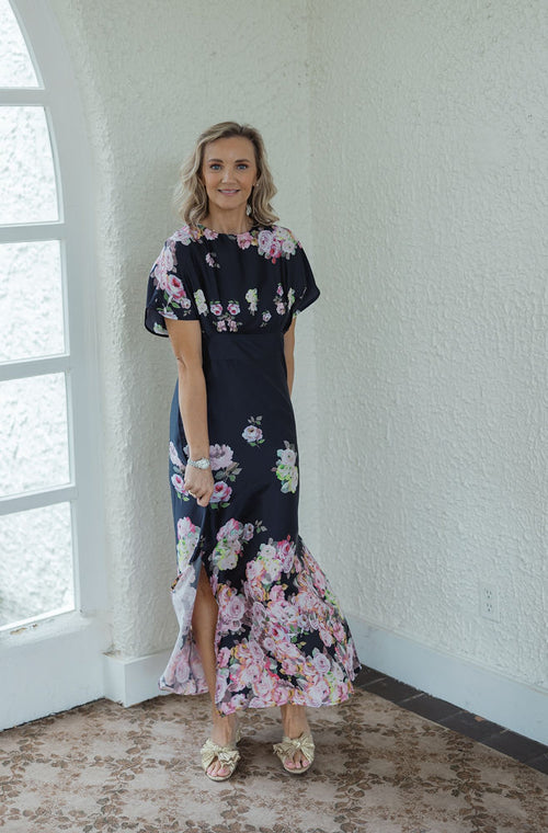 Jade Melody Tam Rosettes Border Cinched Waist Maxi Dress