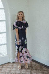 Jade Melody Tam Rosettes Border Cinched Waist Maxi Dress