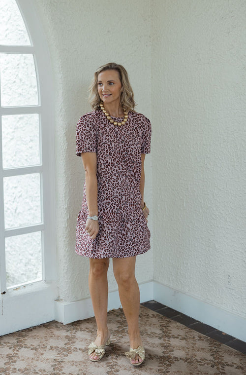 Joy*Joy Blushing Leopard Short Sleeve Flounce Dress
