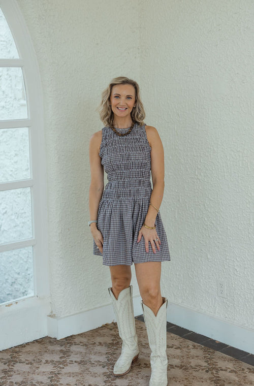 Karlie Brown Check Smocked Sleeveless Dress