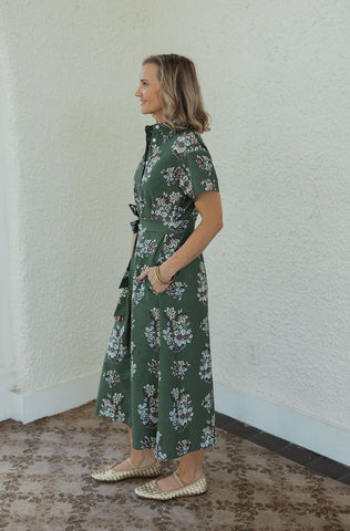 THML Floral Midi Tie Dress in Chartreuse