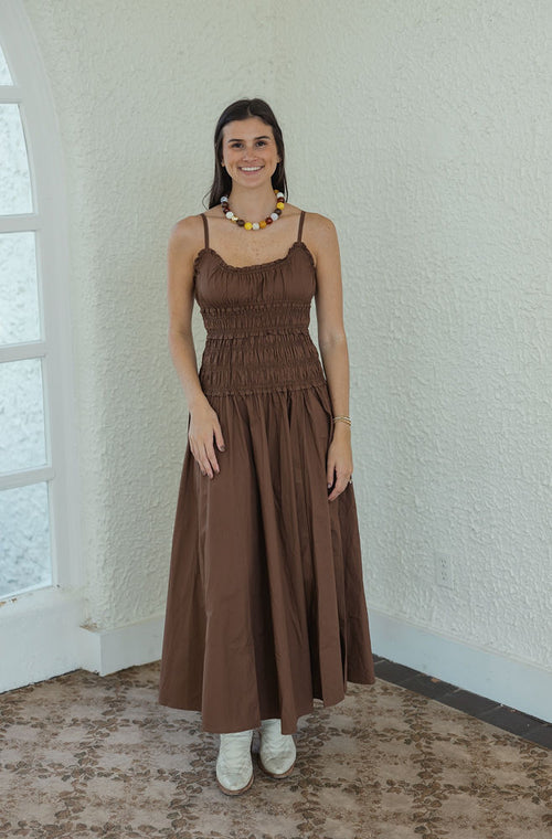Karlie Smocked Top Maxi Dress in Chocolate Brown