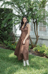 Karlie Smocked Top Maxi Dress in Chocolate Brown