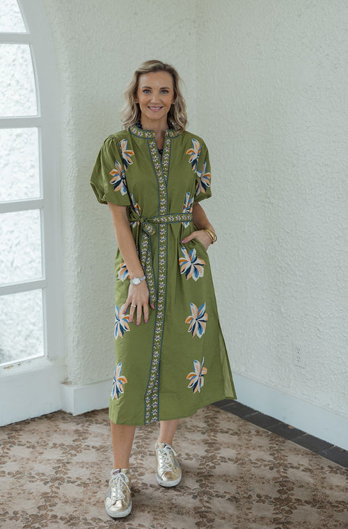 THML Floral Midi Tie Dress in Chartreuse