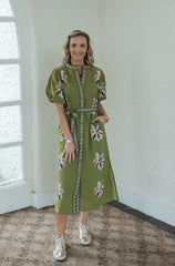 THML Floral Midi Tie Dress in Chartreuse