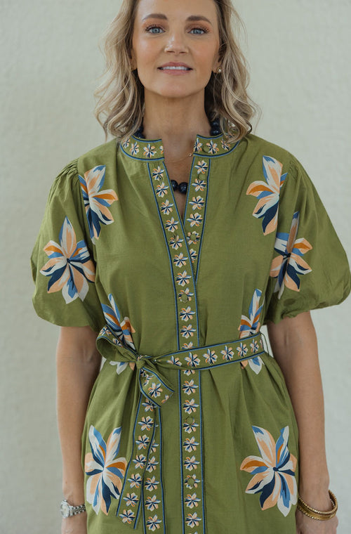 THML Floral Midi Tie Dress in Chartreuse