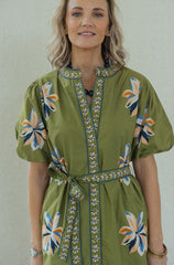 THML Floral Midi Tie Dress in Chartreuse