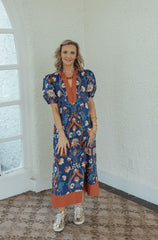 Entro Dark Navy Floral Midi Dress with Orange Trim