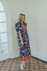 Entro Dark Navy Floral Midi Dress with Orange Trim