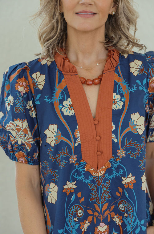 Entro Dark Navy Floral Midi Dress with Orange Trim