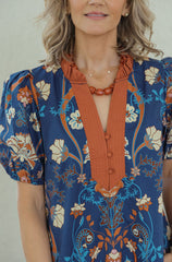 Entro Dark Navy Floral Midi Dress with Orange Trim