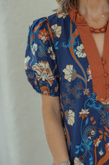 Entro Dark Navy Floral Midi Dress with Orange Trim