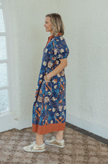 Entro Dark Navy Floral Midi Dress with Orange Trim