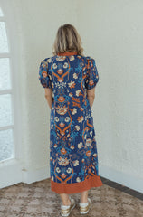 Entro Dark Navy Floral Midi Dress with Orange Trim