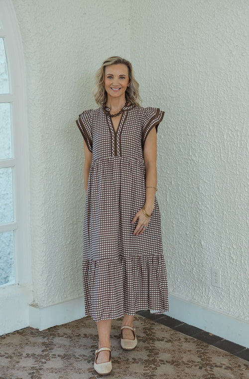 Entro Brown Gingham Midi Dress