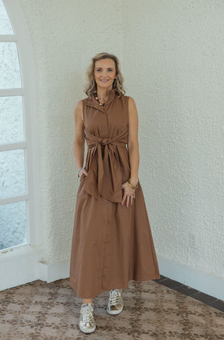 Karlie Stripe Scallop Puff Sleeve Shirt Dress in Brown