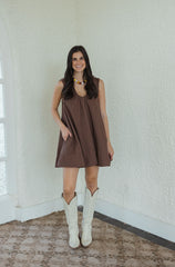 Karlie Denim Scoop Swing Dress in Chocolate Brown