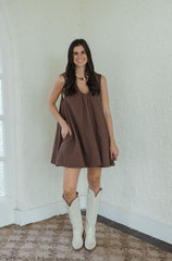 Karlie Denim Scoop Swing Dress in Chocolate Brown