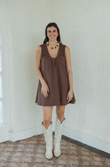 Karlie Denim Scoop Swing Dress in Chocolate Brown