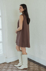 Karlie Denim Scoop Swing Dress in Chocolate Brown