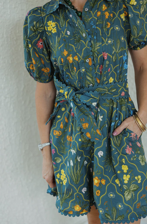 Entro Green Floral Scalloped Hem Mini Dress