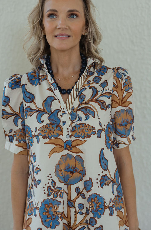 The Hannah Blue and Orange Floral Tie Back Dress