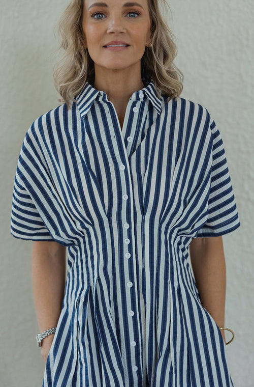 Karlie Stripe Shirt Dress in Blue